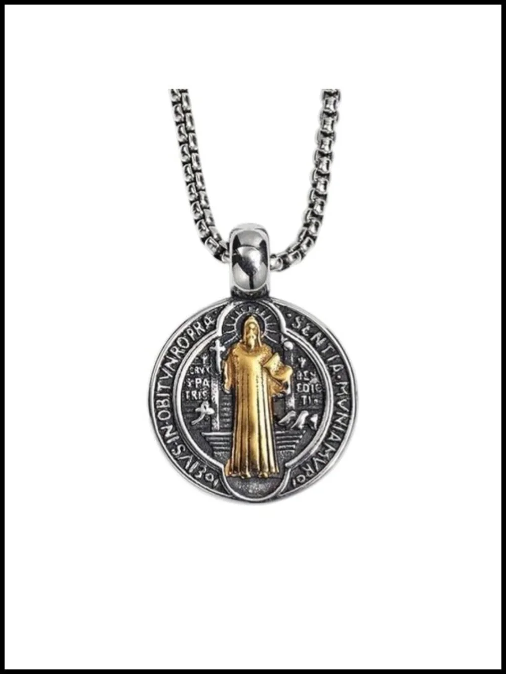 18K Gold Plated Saint Benedict Medal Necklace Religious Pendant Stainless Steel